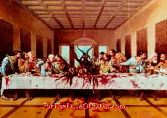 The Goat Baphomet - Luciferian last supper horns for yod symbol notice the upside type yod above images head and horns 