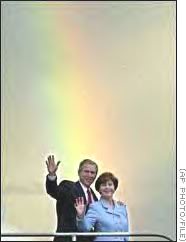 G8 (Yodh 8) United Nation leader GW Bush and Laura Bush the 43rd President of the USA note the subliminal message of Public Law 102-14 - 7 Noahide Laws of Noah a symbol of Antichrist (1 John 2:18) behind them 